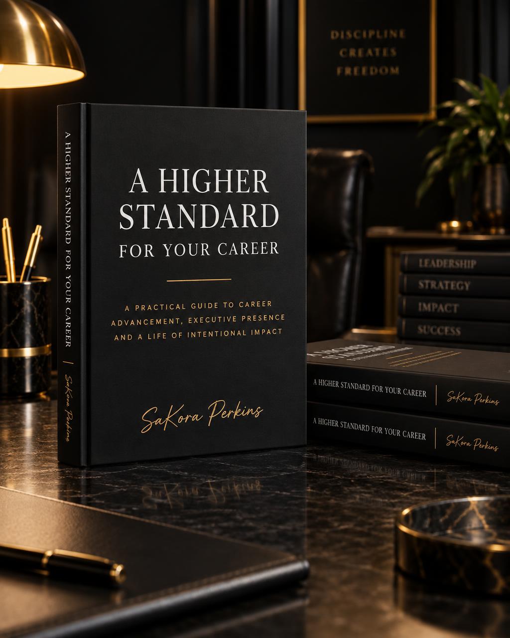A Higher Standard for Your Career by SaKora Perkins — hardcover book with additional copies stacked beside it